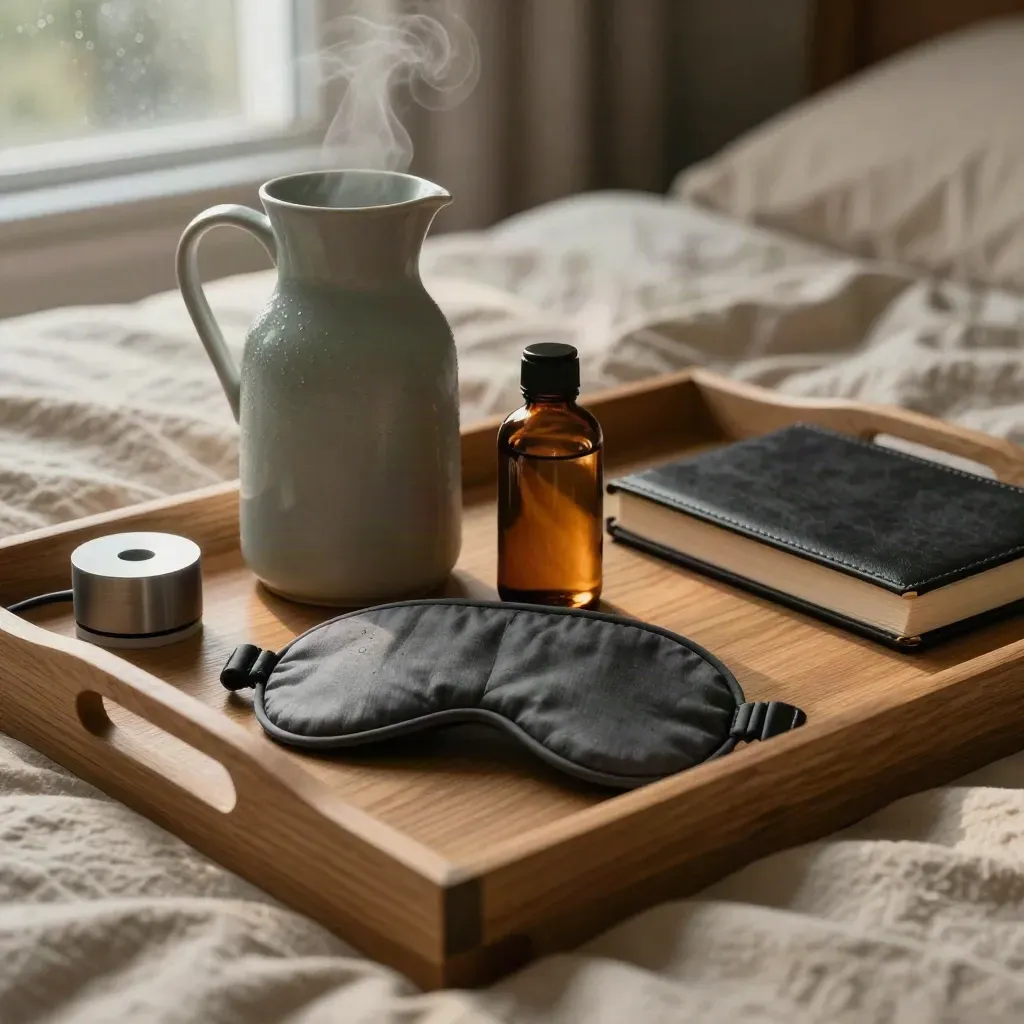Macro of oak tray, amber bottle, ceramic carafe and linen bedding in dawn light.