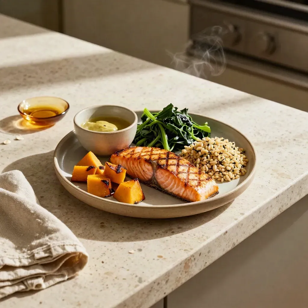 Top-down salmon lunch on stone with squash, greens, grains and ceramic bowls