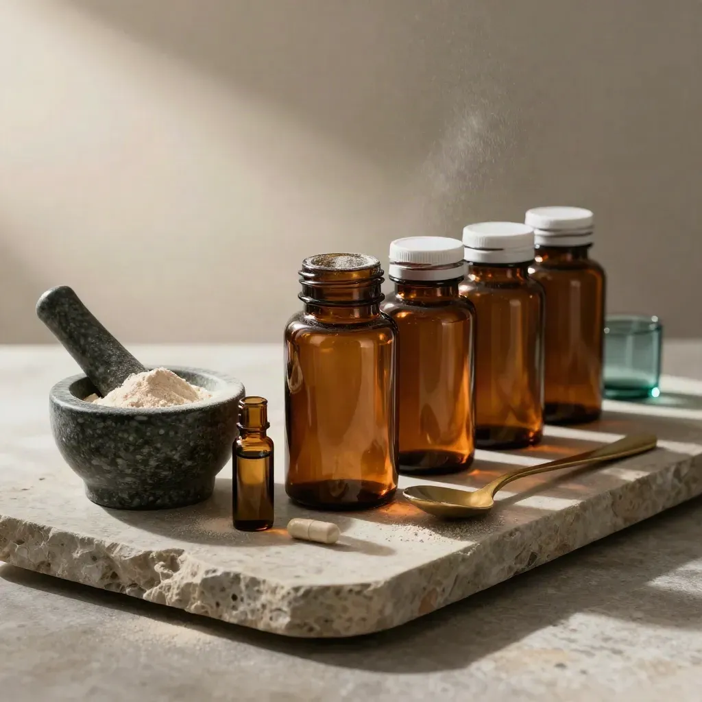 Amber supplement bottles, mortar, vial and brass spoon on limestone tray with drifting powder.