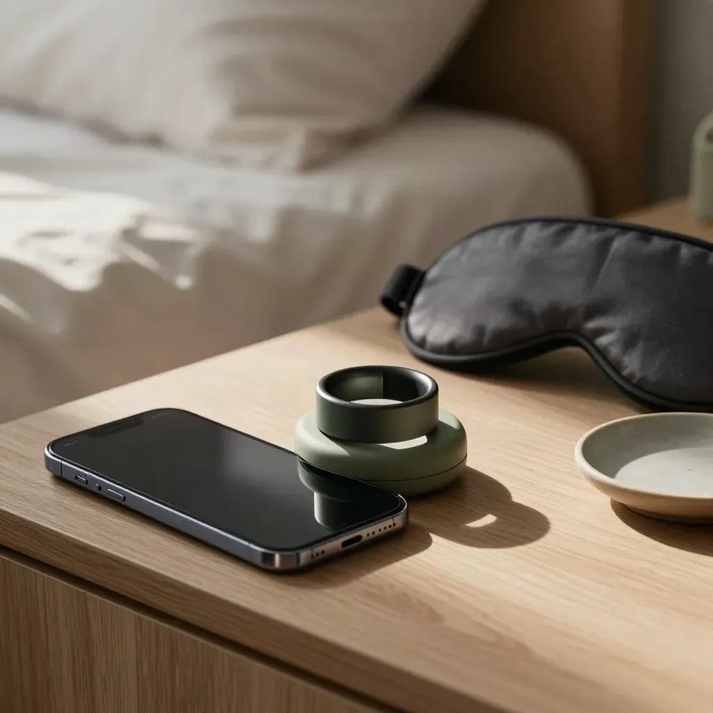Sleep-tracking ring on a charger beside a face-down phone, sleep mask and ceramic dish on a bedside table.