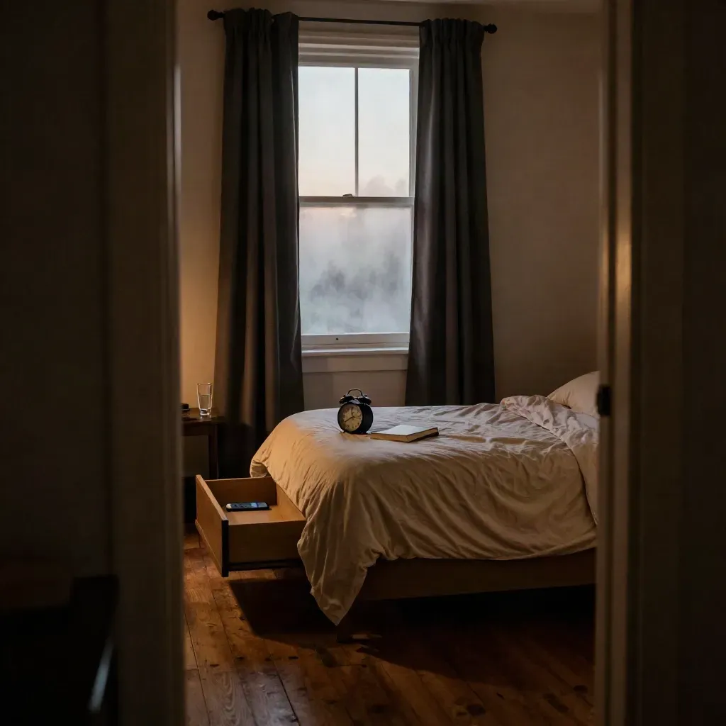 Blackout-curtained bedroom with alarm clock, book, water glass and a phone in a drawer.