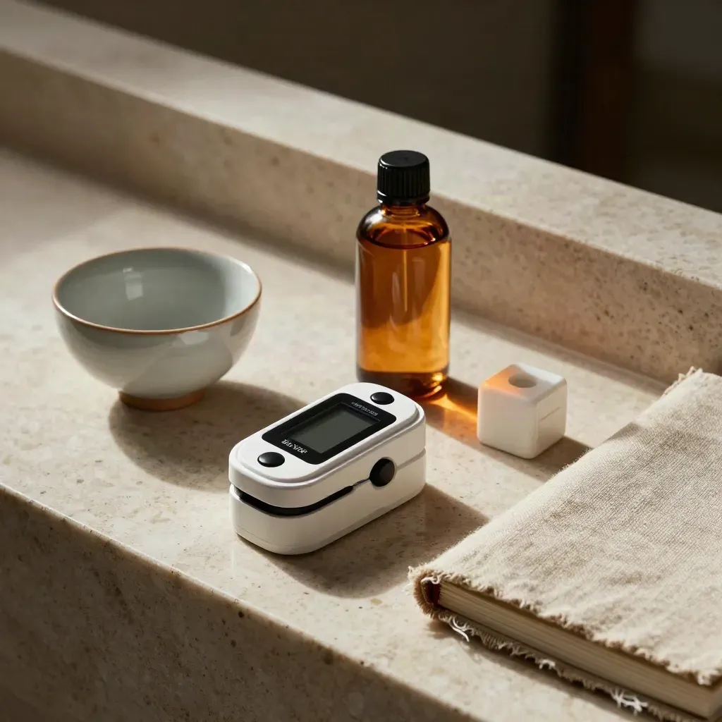 Pulse oximeter, amber tincture, tea bowl and linen journal on travertine slab