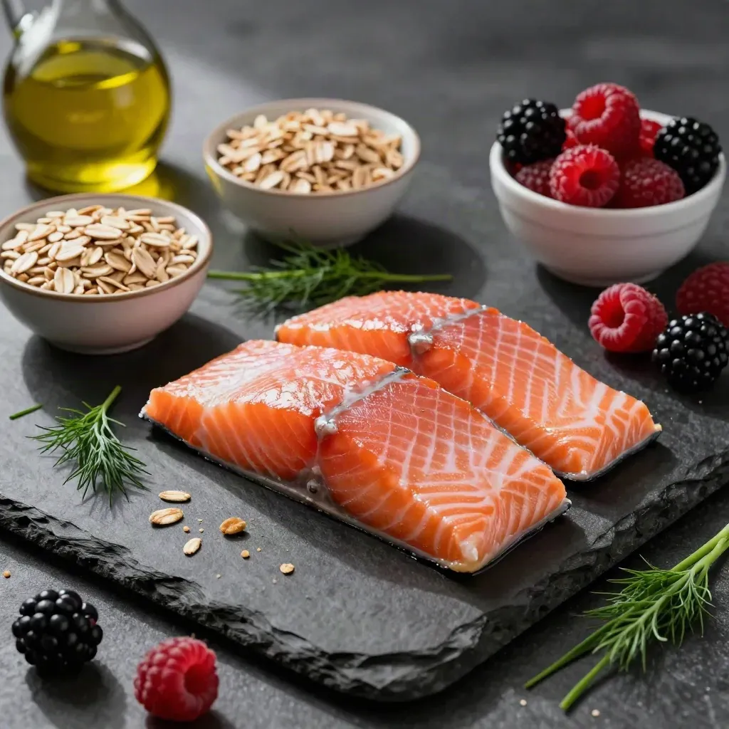 Salmon, oats, berries and herbs on a stone prep board in a food editorial still life.