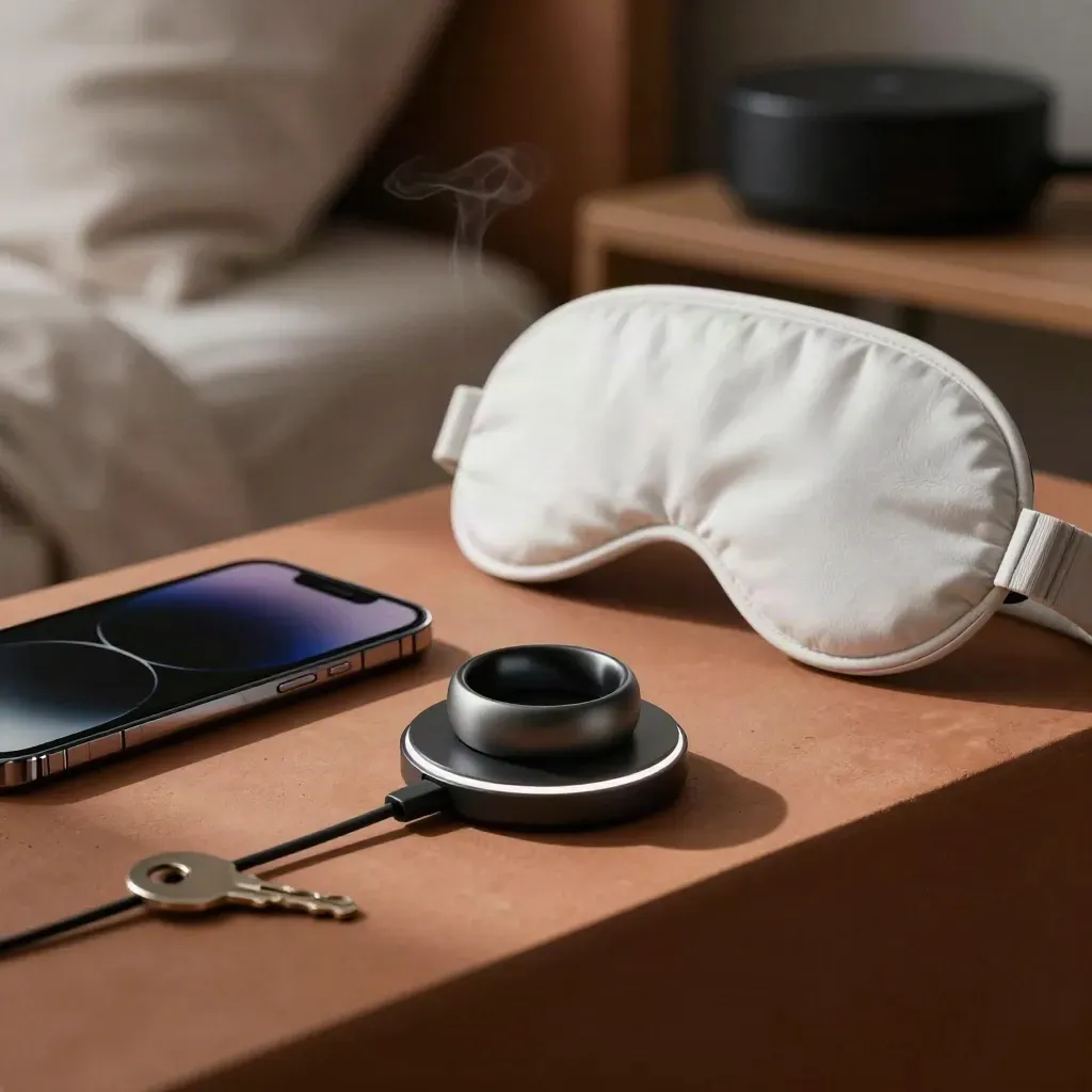 Smart ring, charger, phone, sleep mask and watch stand on a terracotta bedside plinth.